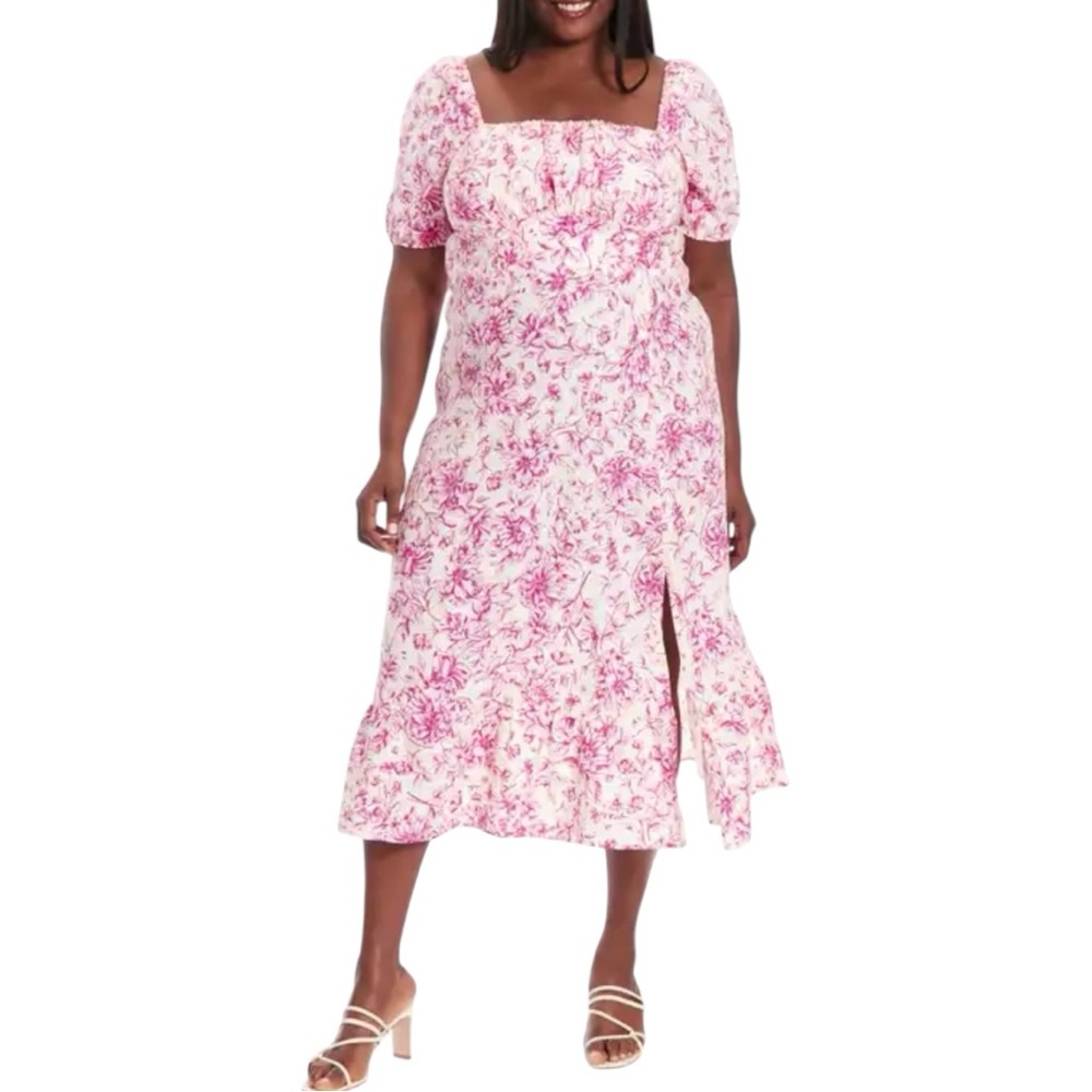 London Times Puff Sleeve Pink Floral Print Midi Dress size 24W Square Neck NWT